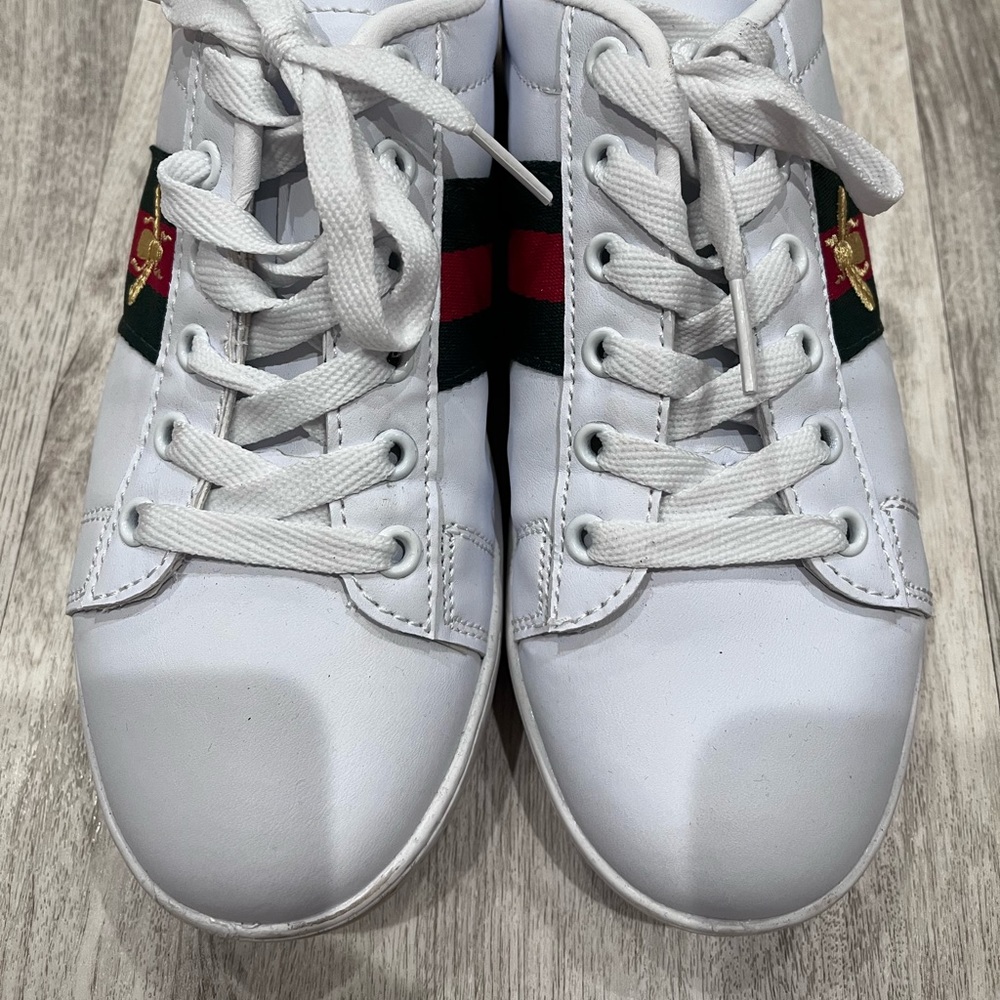 Red green striped designer sneakers